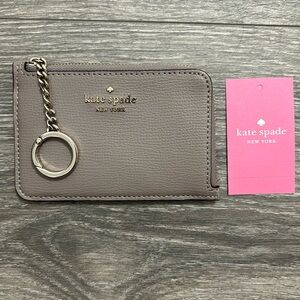NWT Kate Spade Warm Taupe Medium Zip Card Holder Key Chain Gold